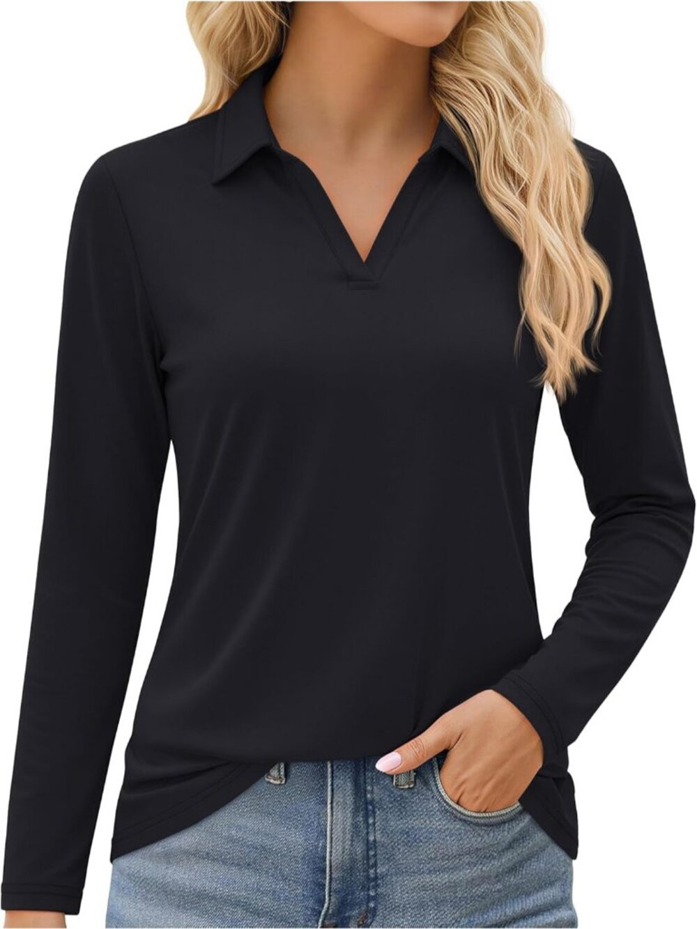 Women's Black V Neck UPF 50+ Long Sleeve Polo Shirt Quick Dry Workout Tops
